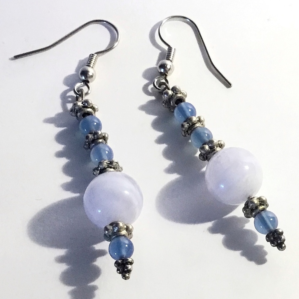 Sterling Silver and Blue Lace Agate And Chalcedony Drops Pierced Earrings